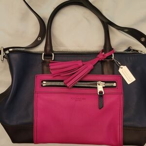 Coach Women's Navy and Magenta Leather Satchel